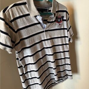 Vintage Tommy Hilfiger Men’s Grey Polo with Black & White Stripes
